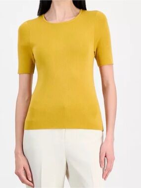 Tahari ASL mustard yellow short sleeved crew neck sweater top size XL